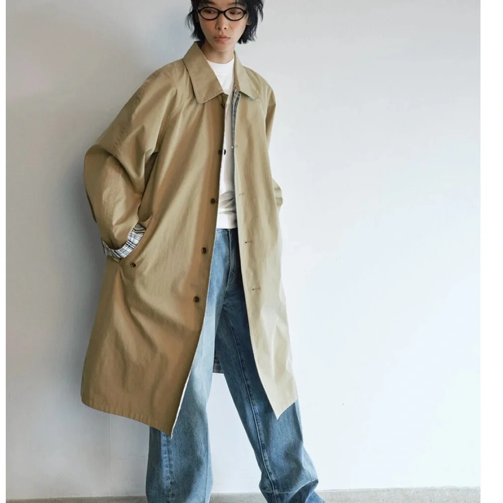 Pixie Market Reversible Khaki Trench Coat with Plaid Lining & Cuff Detail - Picture 3 of 9